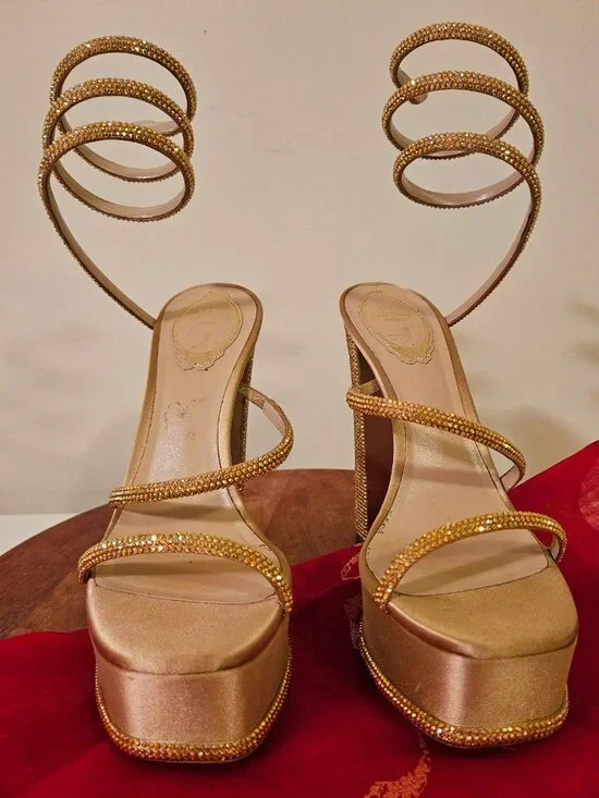 Rene Caovilla 38.5 Cleo Gold Platform Crystal Wrap Strap Sandal Block Heel Pump - Picture 6 of 12